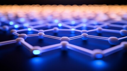 Fototapete - Interlocking geometric shapes illuminated in neon blue highlight scientific innovation, creating a visually striking composition with ample copy space on the left