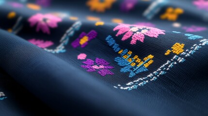 Leinwandbilder - A close-up of vibrant Lithuanian folk embroidery reveals intricate cross-stitch motifs, showcasing the rich craftsmanship and cultural heritage