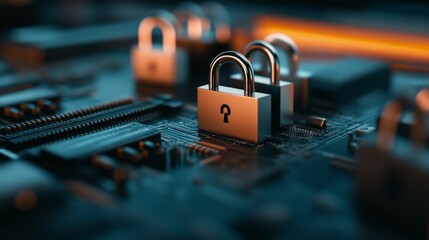 Poster - Padlocks and bright digital icons represent themes of security and data protection, arranged for a clear presentation with copy space on the right