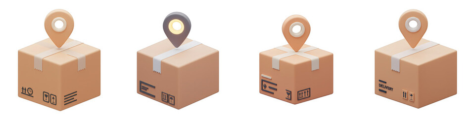 Poster - Isometric Illustration of Four Beige Packages with Location Pins