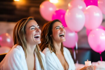 Poster - Two women in fluffy bathrobes laugh in a cozy spa room filled with pink balloons and soft candlelight, creating a joyful, playful vibe