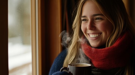 Poster - Blonde woman wrapped in a cozy scarf holds a steaming coffee mug as she watches snow cover the ground through a frosty window on a tranquil winter morning