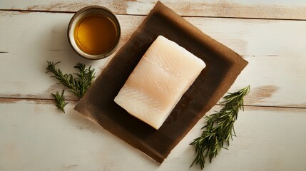 Poster - A raw white fish fillet rests on dark wood, surrounded by fresh rosemary and a small bowl of olive oil, allowing space for creative culinary text