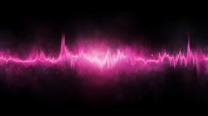 Fototapete - Frontal close-up captures a vibrant neon pink soundwave pattern illuminating a black textured background, emphasizing themes of digital innovation and technology