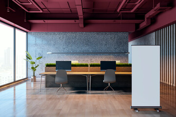 Poster - Modern office interior with wooden desks, computers, and chairs in loft-style workspace. Large glass windows show city view. Contemporary design. 3D Rendering