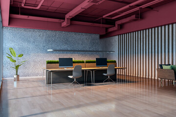 Aufkleber - modern loft-style office interior with wooden desks, computers, and stylish furniture. large windows