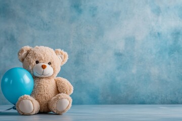 Aufkleber - Cute teddy bear holding a blue balloon sits against a soft pastel backdrop, creating a delightful atmosphere perfect for a baby boy's nursery decor