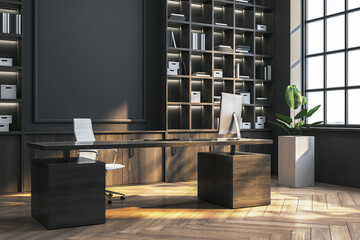 Poster - Modern executive office with desk and bookshelves. 3D Rendering