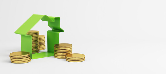 Aufkleber - Green house-shaped structure with gold coins on white background. Concept of real estate investment, mortgage, property finance, and savings. 3D Rendering
