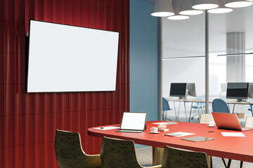 Poster - Modern conference room interior with red table and blank screen. 3D Rendering