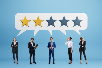 Poster - Businesspeople standing under a two-star rating review concept on a blue background.