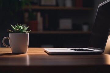 Poster - Brightly lit home office features a closed laptop, a small succulent, and a ceramic coffee mug, creating a serene and organized work environment perfect for productivity