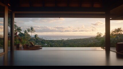 Poster - An inviting open door showcases a breathtaking ocean view, framed by fluffy clouds and a lush green hilltop, bathed in warm evening light