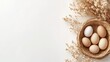 © Artittaya - A minimal Easter setup with a basket containing subtle-toned eggs, resting on a seamless white background