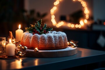 Aufkleber - A beautifully arranged Christmas pound cake with holly, golden bells, and powdered sugar sits on a wooden board, surrounded by soft candlelight and bokeh effects