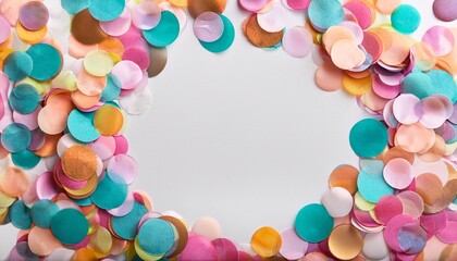 Wall Mural - pastel confetti birthday frame on white background, place for text, halftone colored circles, copy s