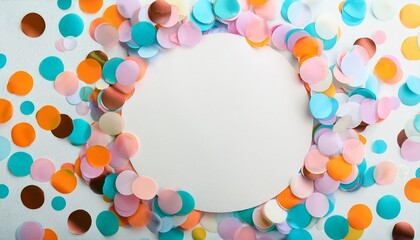 Wall Mural - pastel confetti birthday frame on white background, place for text, halftone colored circles, copy s