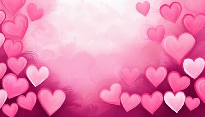 Wall Mural - pink hearts background, romantic cute pink heart border pattern, greeting card invitation header whi