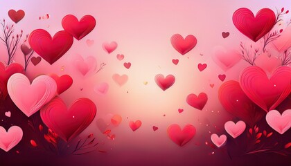 Wall Mural - pink red hearts background, cute flying hearts illustration for valentine day greeting card invitati