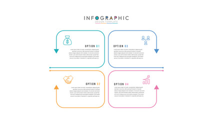 Fototapete - Business infographics template. Timeline elements design with marketing icons and 4 steps, options with arrows. Vector illustration. Can be used for workflow diagram, annual report, graph, web design.