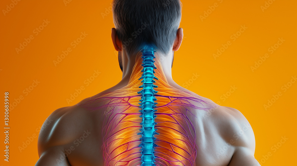 Back pain medical illustration featuring spine anatomy, X-ray overlay ...