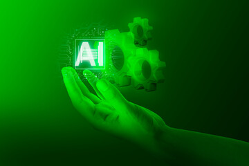Poster - Artificial intelligence in maintenance. AI abbreviation, digital cogwheels and hand in cyberspace