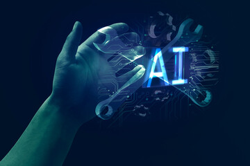 Poster - Artificial intelligence in maintenance. AI abbreviation, wrenches, digital cogwheels and hand in cyberspace