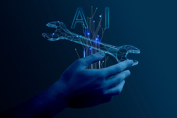 Poster - Artificial intelligence in maintenance. AI abbreviation, digital wrench and hand in cyberspace