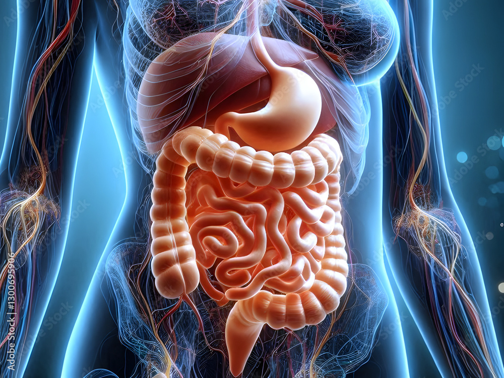 3d rendered illustration of a human body. Human digestive system ...