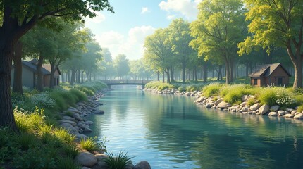 Poster - A river with a bridge and a house on the right bank
