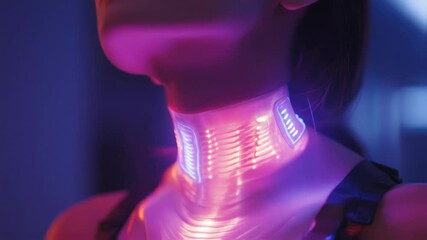 Poster - sleek neck implant emitting vibrant neon glow, illuminating woman's profile against shadowy backdrop