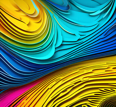 This colorful illustration features vibrant abstract layers that flow and swirl gracefully across a serene blue background, creating a dynamic and engaging visual element.generative ai
