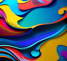 Poster - This colorful illustration features vibrant abstract layers that flow and swirl gracefully across a serene blue background, creating a dynamic and engaging visual element.generative ai