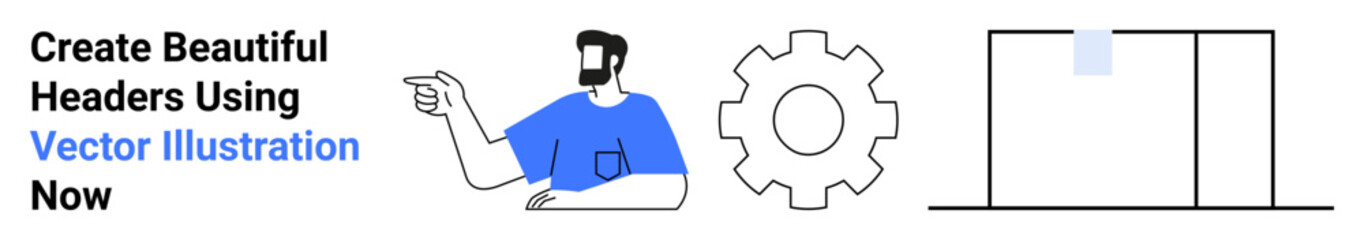 Man gesturing beside gear and grid layout symbolizing design, creativity, collaboration, and technical systems. Ideal for tech, education, business, workflow, innovation teamwork flat landing page