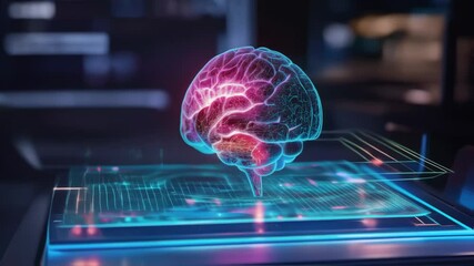 Poster - hologram of human brain illuminating data and connections, symbolizing machine learning, artificial 