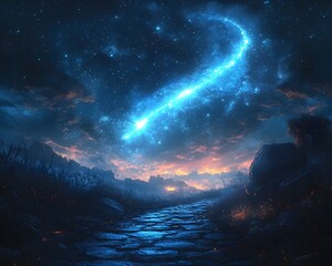Wall Mural - Ethereal Comet Trail Lighting Up the Starry Night Sky Landscape