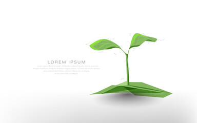 Fototapete - Low Poly Green Sprout Growing from Soil on White Background
