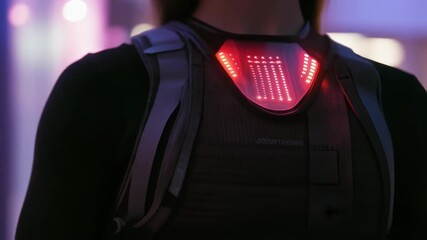 Poster - close up of a woman wearing a futuristic vest featuring a neck brace with illuminated red led lights