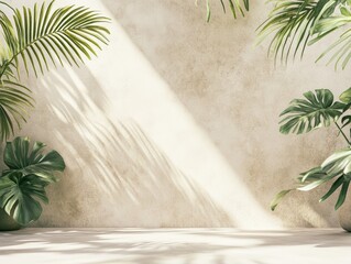 minimalist background with tropical plant shadows on wall. sunlight casting tropical plant shadows o