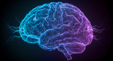 Poster - Glowing human brain with electric blue and purple neon lights on dark background. Neural network visualization. Medical science, artificial intelligence concept. Modern tech banner with space