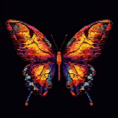 Poster - A vibrant pixelated butterfly art piece on a black background