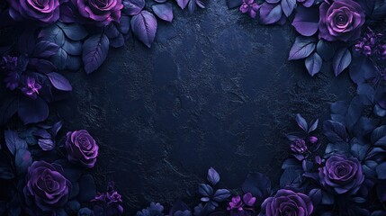 Sticker - Dark purple roses and leaves frame on dark background.