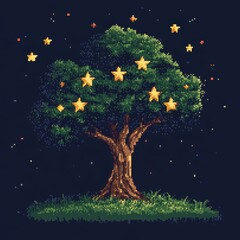 Wall Mural - pixel art tree adorned with golden stars