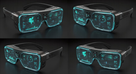 Poster - Futuristic smart glasses with glowing blue interface from different angles. High-tech augmented reality eyewear with digital display. Modern wearable technology for gaming and virtual reality