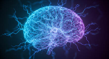 Poster - Glowing human brain visualization with electric neural network. Blue and purple neon lights on dark background. Medical science, artificial intelligence concept. Modern tech banner with space