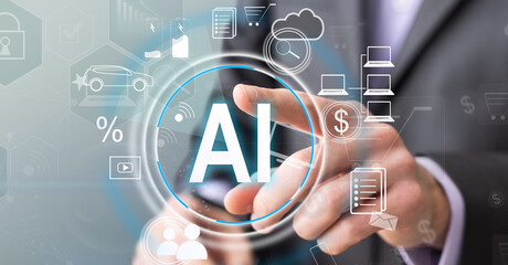 Poster - Human interact with AI artificial intelligence brain processor in concept of AI artificial intelligence engineering, big data and AI machine learning to use generative AI for business support. Faas