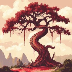 Poster - Crimson Weeping Tree Pixel Art Landscape