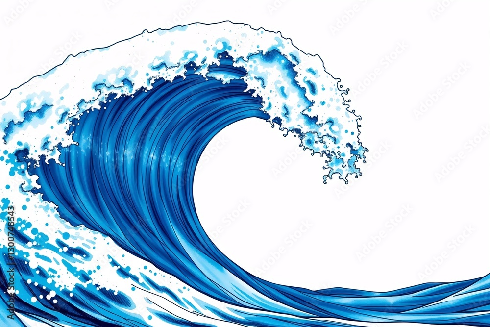 Large ocean blue wave illustration against a plain white background ...
