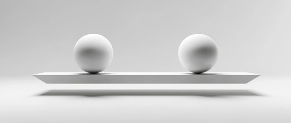 Fototapete - Balance between two white spheres on a minimalistic shelf set against a gray background in a 3D rendering
