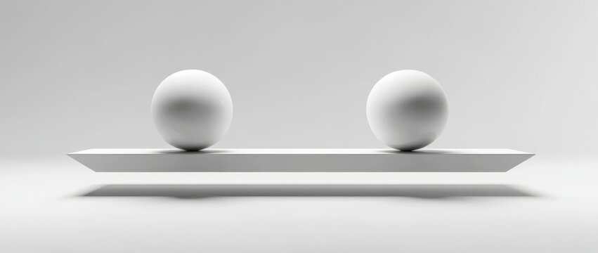 Balance between two white spheres on a minimalistic shelf set against a gray background in a 3D rendering